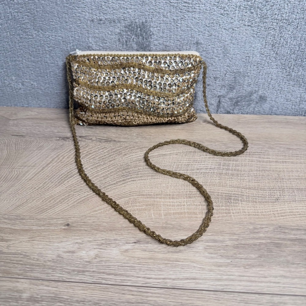 Walborg‎ Beaded Sequin Shoulder Bag Women Small Gold Wavy Pattern Braided Strap
